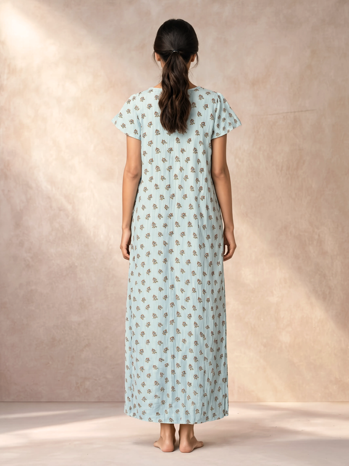 Green Buti Print Bamboo Feel Crush Cotton Nighty for Women