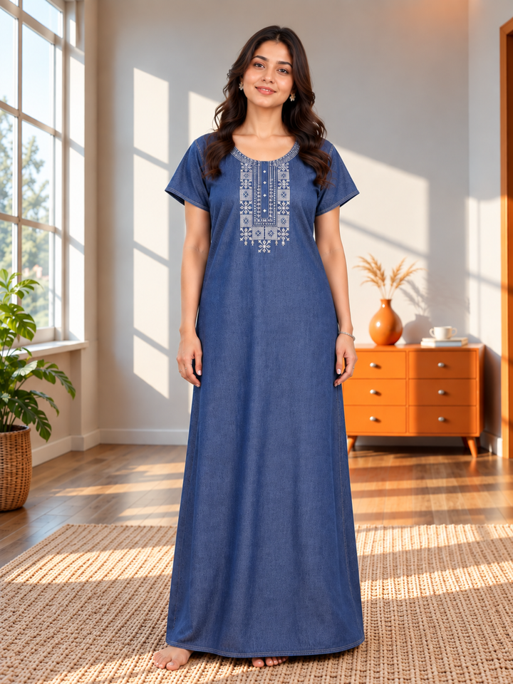 Heritage Embroidery Denim Blue Cotton Nighty | Soft &amp; Stylish Sleepwear