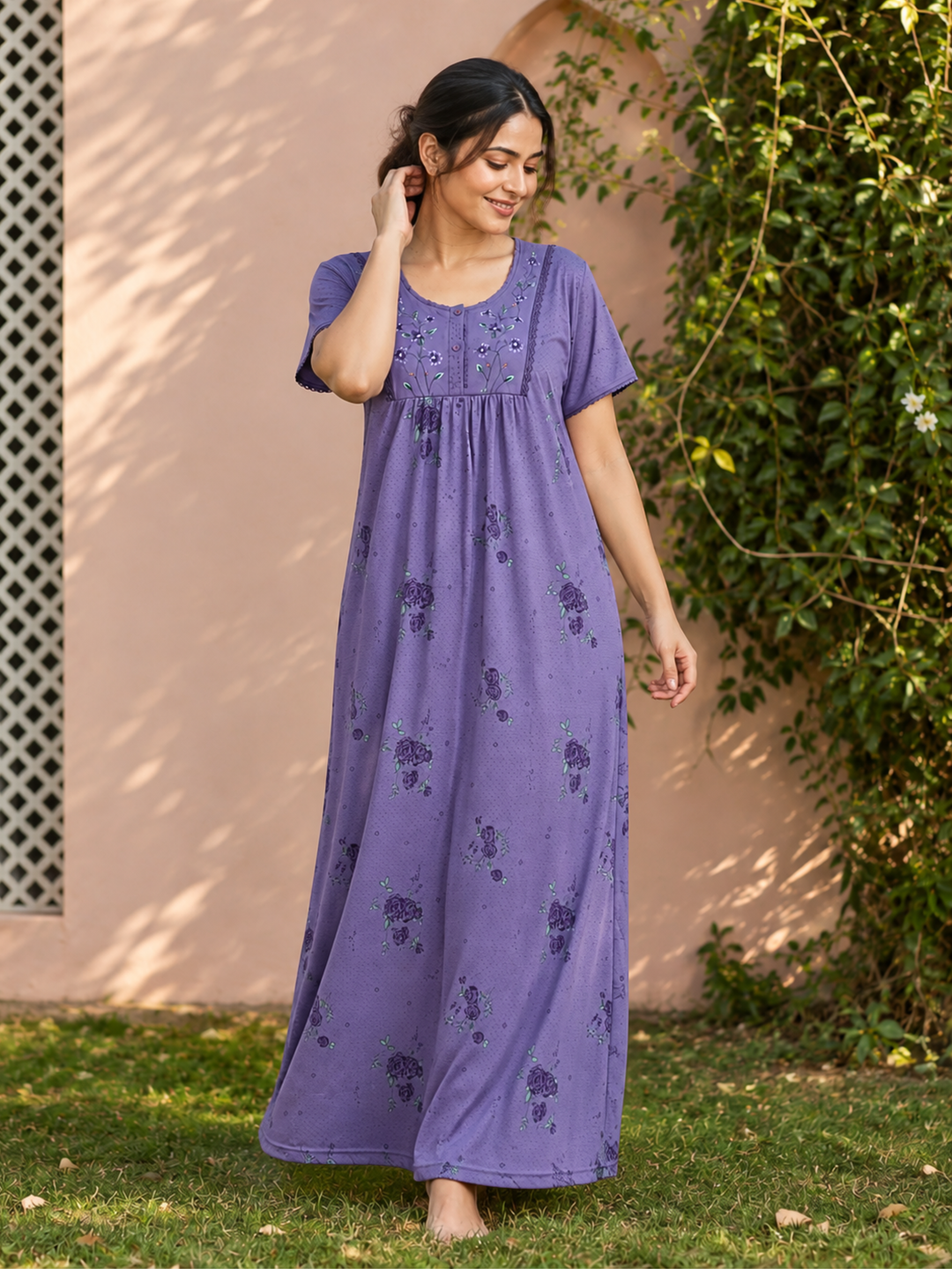 Purple Cotton Blend Embroidered Maxi Nighty for Women