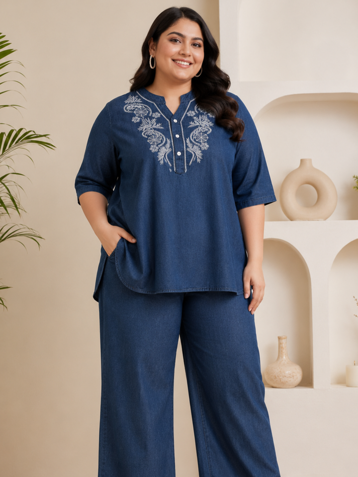 Light Blue Denim Wash Cotton Co Ord Set for Women with Embroidery