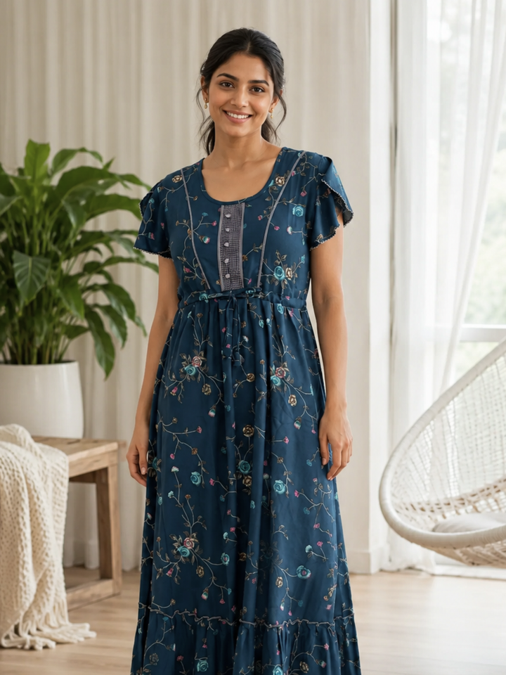 Floret Teal Alpine Designer Nighty for Women with Frock Fit