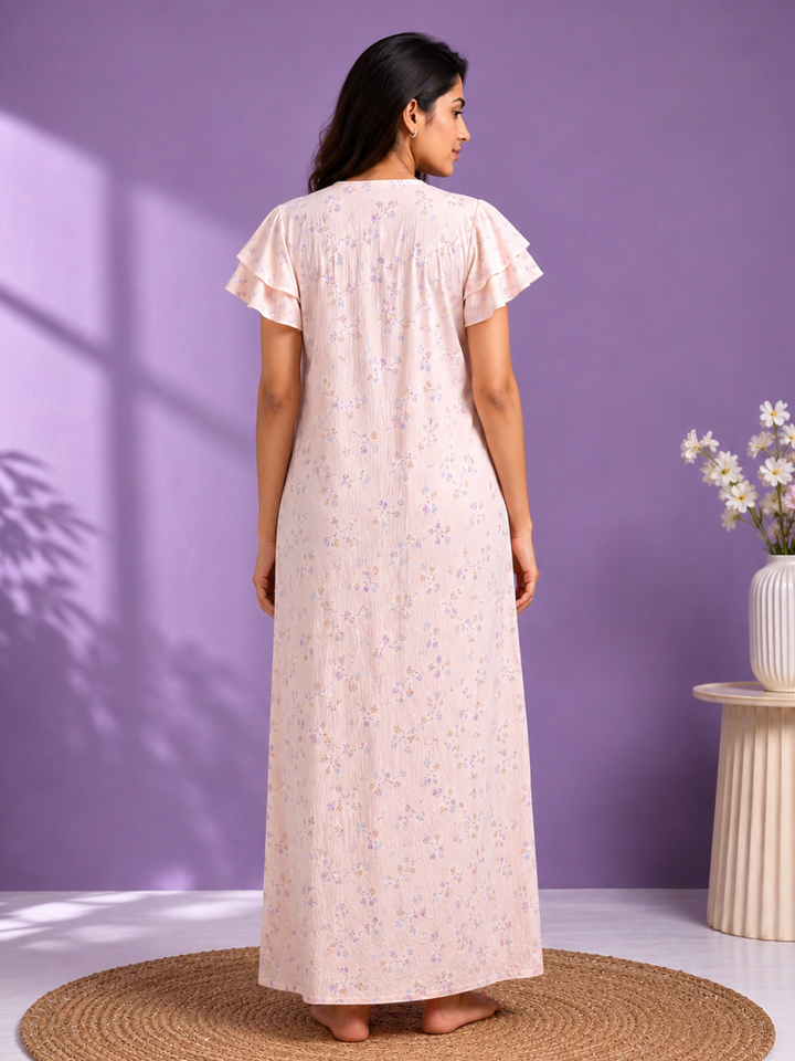 Pastel Peach Bamboo Feel Crush Cotton Designer Nighty for Women