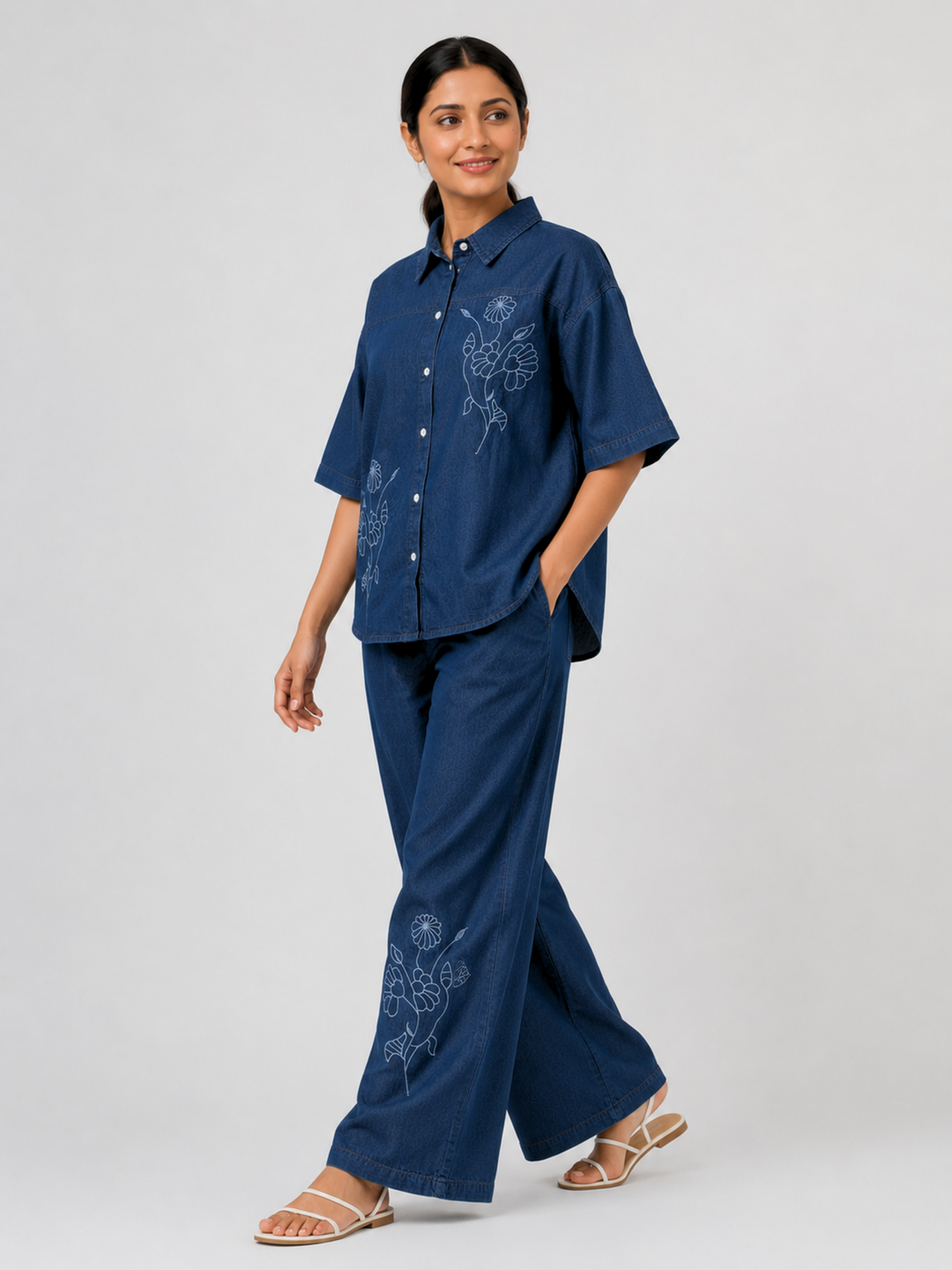 Dark Blue Denim Co Ord Set for Women with Floral Embroidery