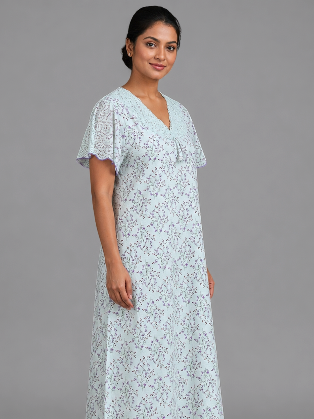 Floral Green Bamboo Feel Crush Cotton Nighty for Women