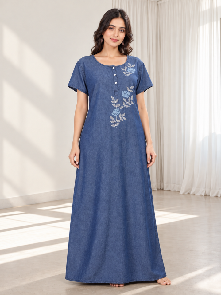 Denim Blue Soft Cotton Nighty | Floral Embroidery, Full-Length Comfort