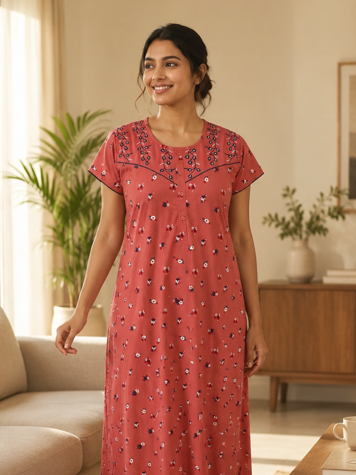 Dark Peach Floral Cotton Blend Designer Nighty for Women