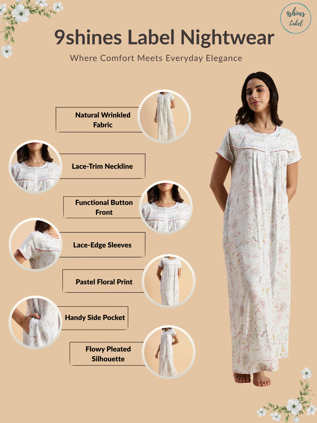 Premium Crush Cotton Pastel Blue Floral Nighty with Lace Yoke