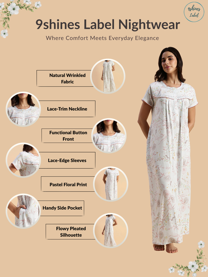 Premium Crush Cotton Pastel Blue Floral Nighty with Lace Yoke