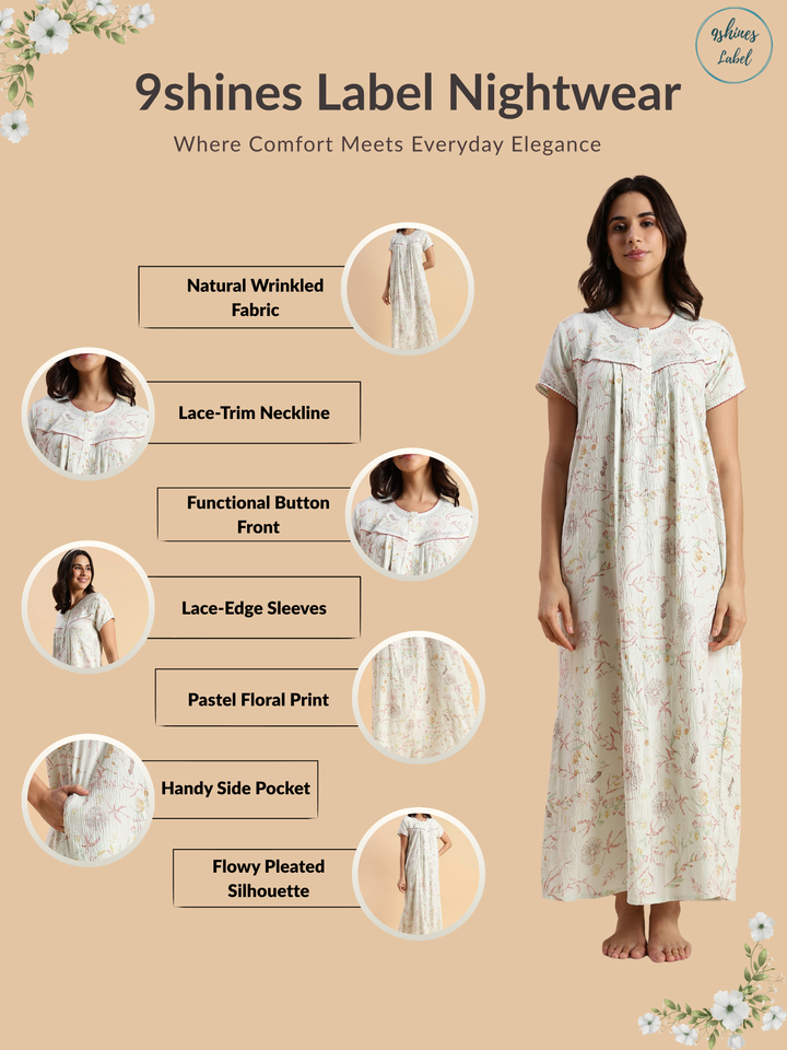 Premium Crush Cotton Pastel Green Floral Nighty with Lace Yoke