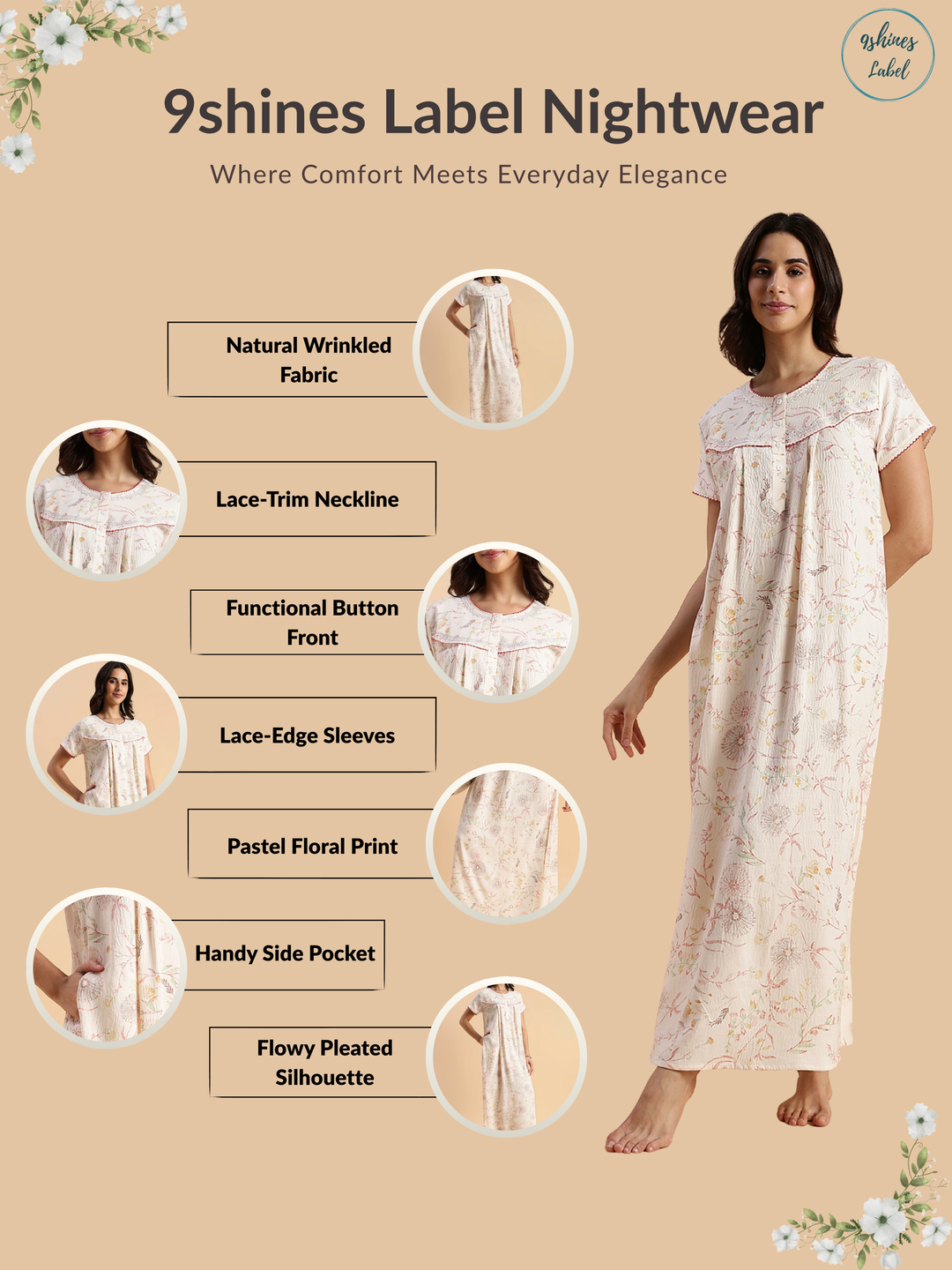 Soft Pastel Peach Crush Cotton Nighty with Floral Lace Yoke