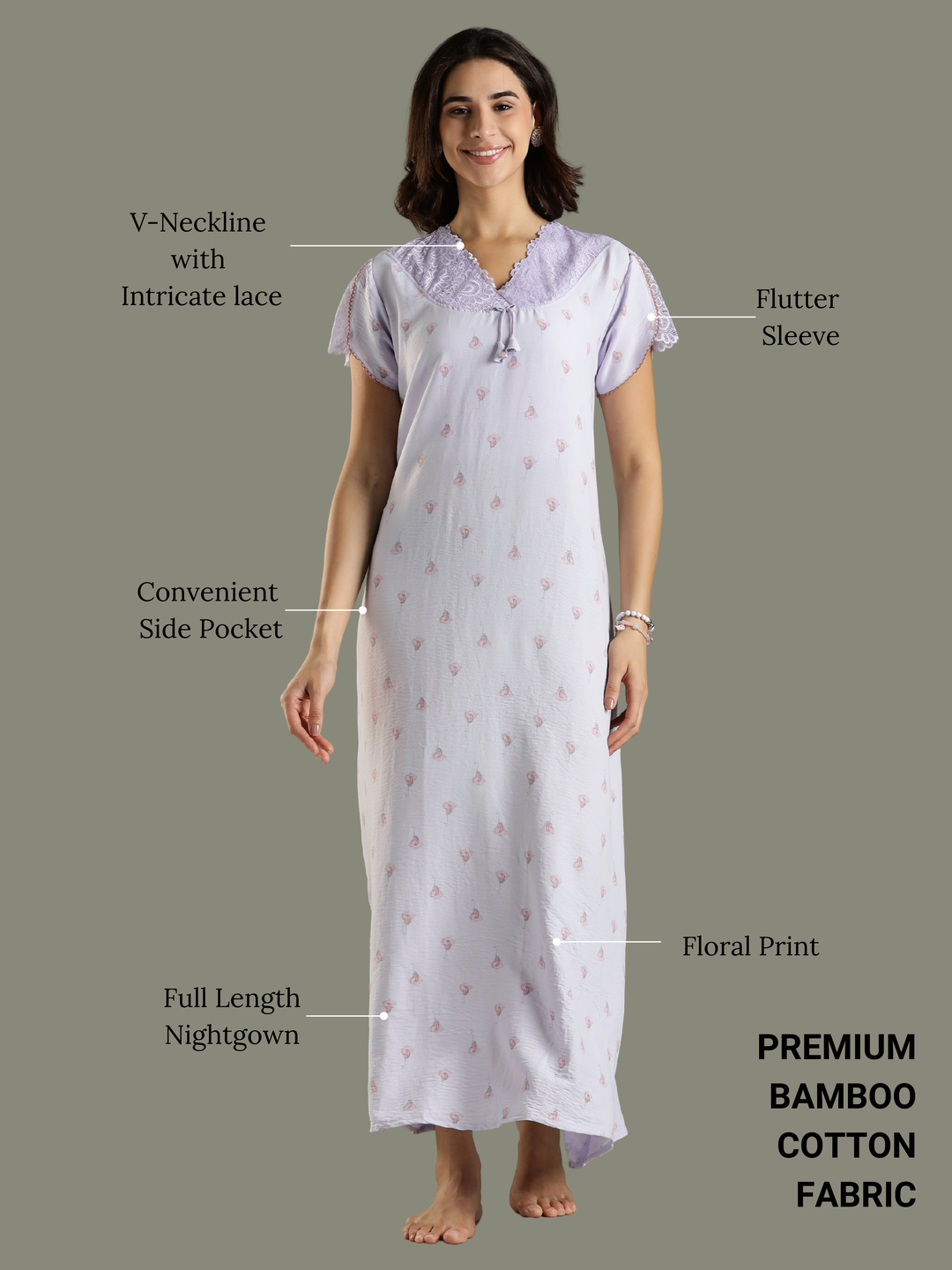 Light Purple Bamboo Feel Cotton Lace Nighty for Women Stylish and Cozy