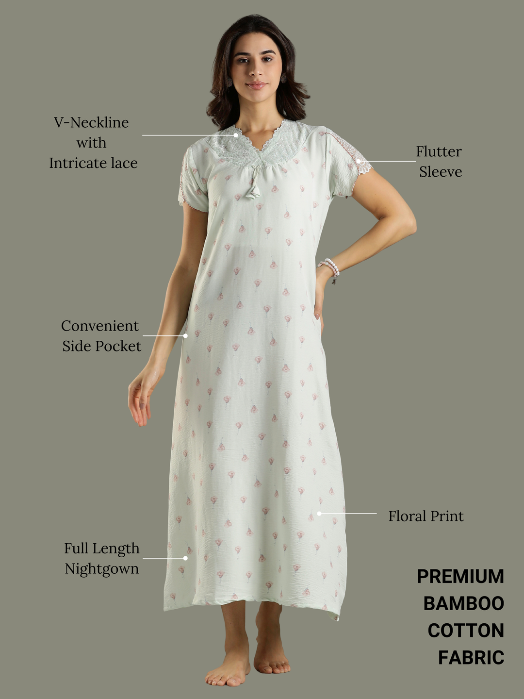 Green Bamboo Feel Cotton Lace Nighty for Women Elegant and Breezy