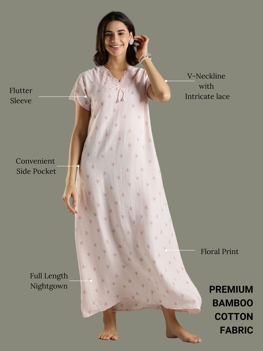 Peach Bamboo Feel Cotton Lace Nighty for Women Soft and Elegant