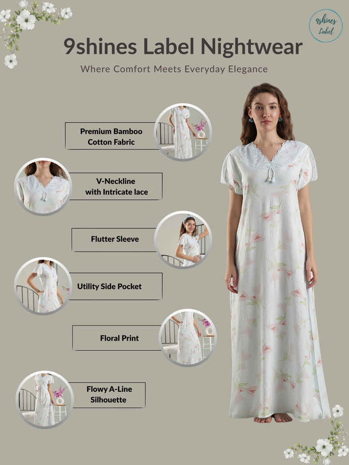 Bamboo Cotton Floral Nighty in Soft Blue with Lace Yoke and Pocket