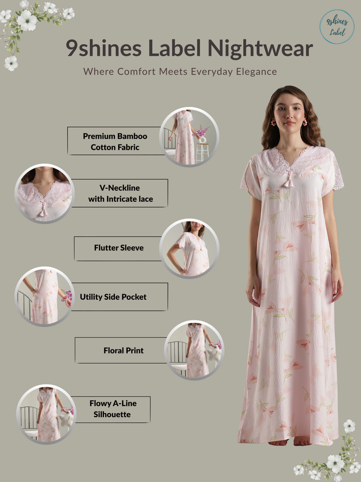 Bamboo Cotton Floral Nighty in Soft Pink with Lace Yoke and Pocket