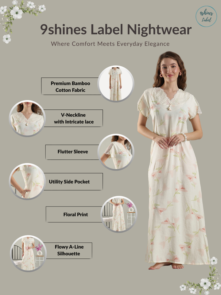 Bamboo Cotton Floral Nighty in Soft Yellow with Lace Yoke and Pocket