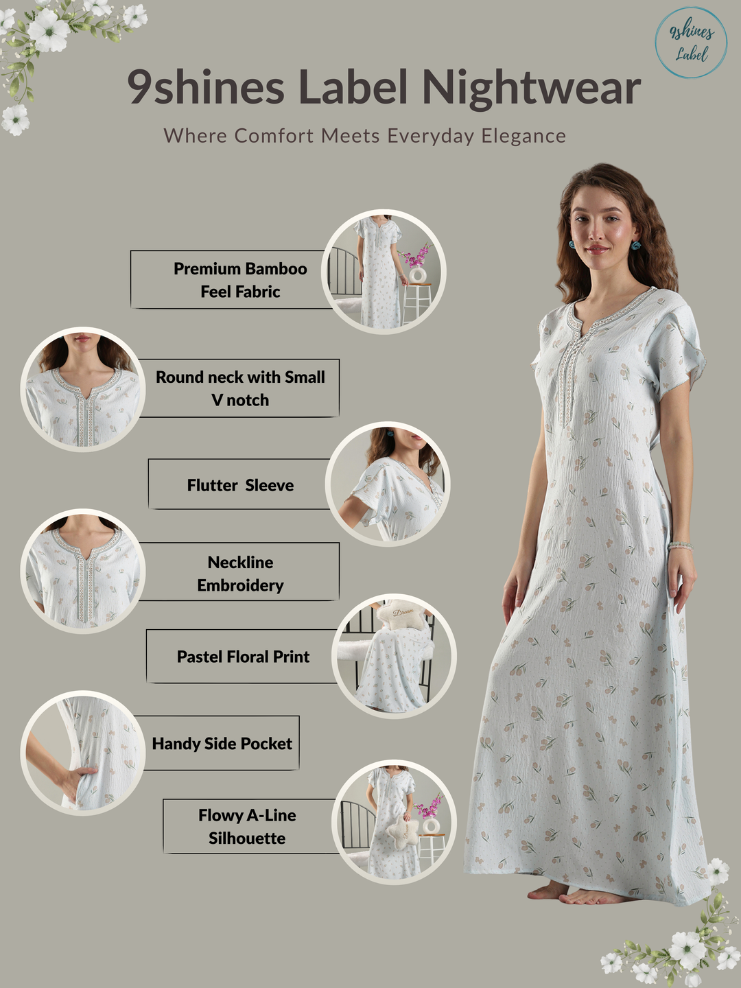 Crush Cotton Tulip Print Nighty Dress For Women Cool Misty Blue