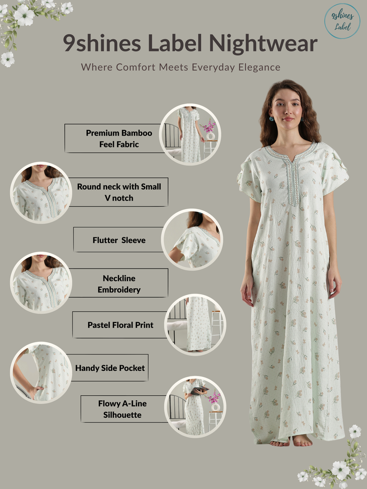Crush Cotton Tulip Print Nighty for Women Fresh Misty Green