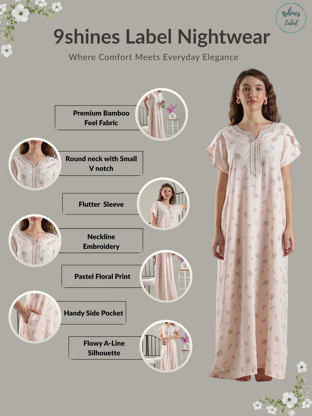 Crush Cotton Tulip Print Nighty for Women Soft Misty Peach