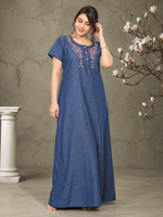 Soft Denim Blue Nighty with Pink Floral Embroidery Maxi Length