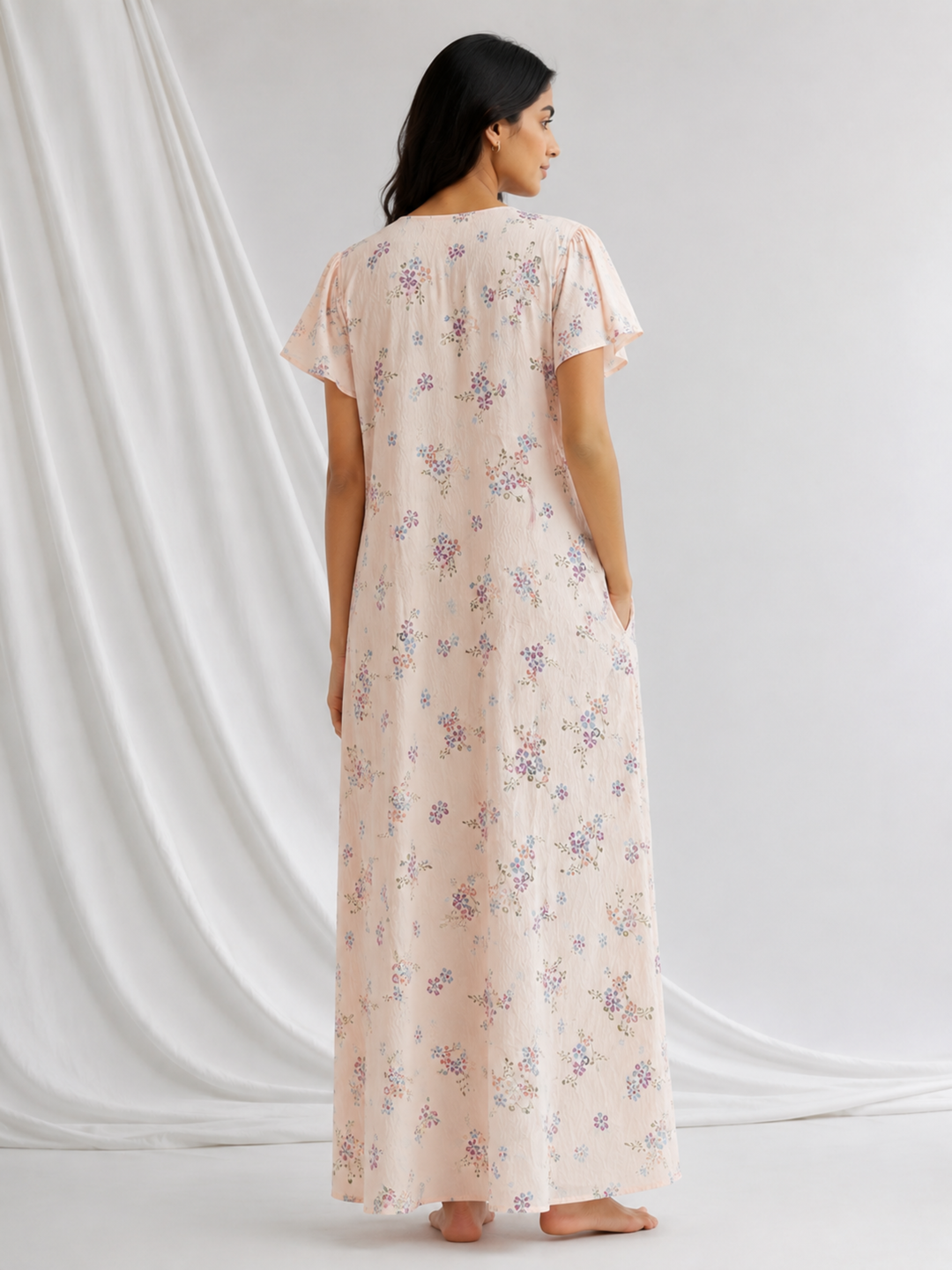Meadow Peach Floral Crush Cotton Nighty for Women Breathable