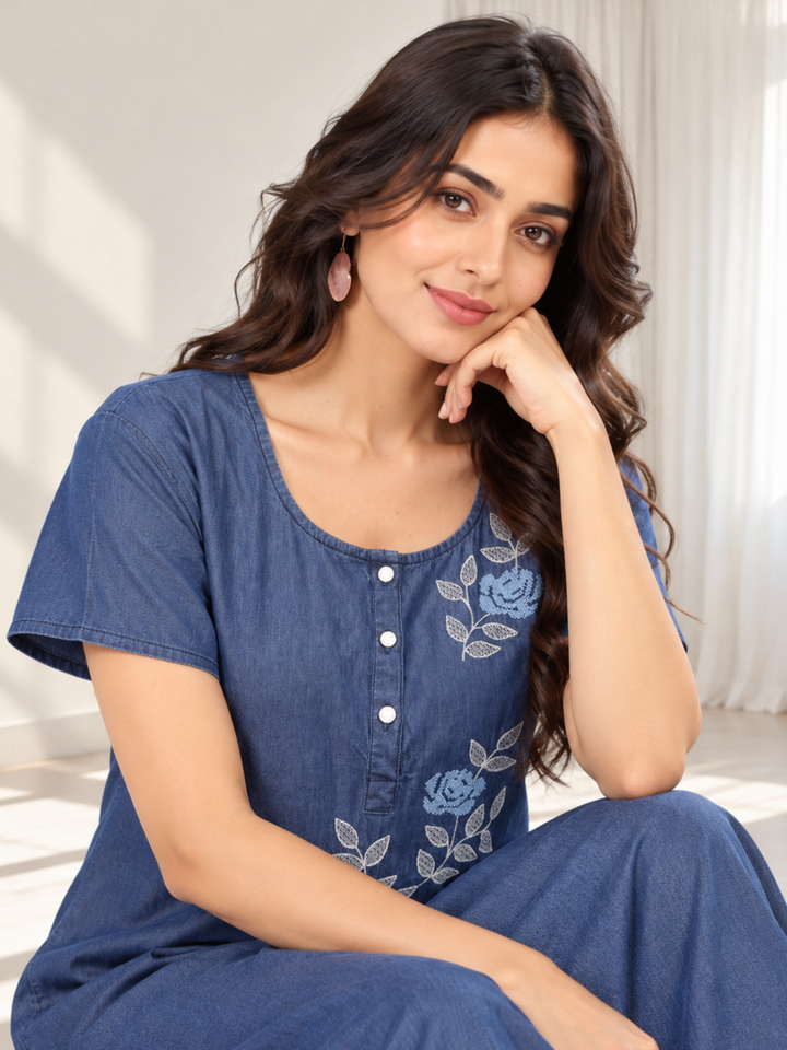 Denim Blue Soft Cotton Nighty | Floral Embroidery, Full-Length Comfort