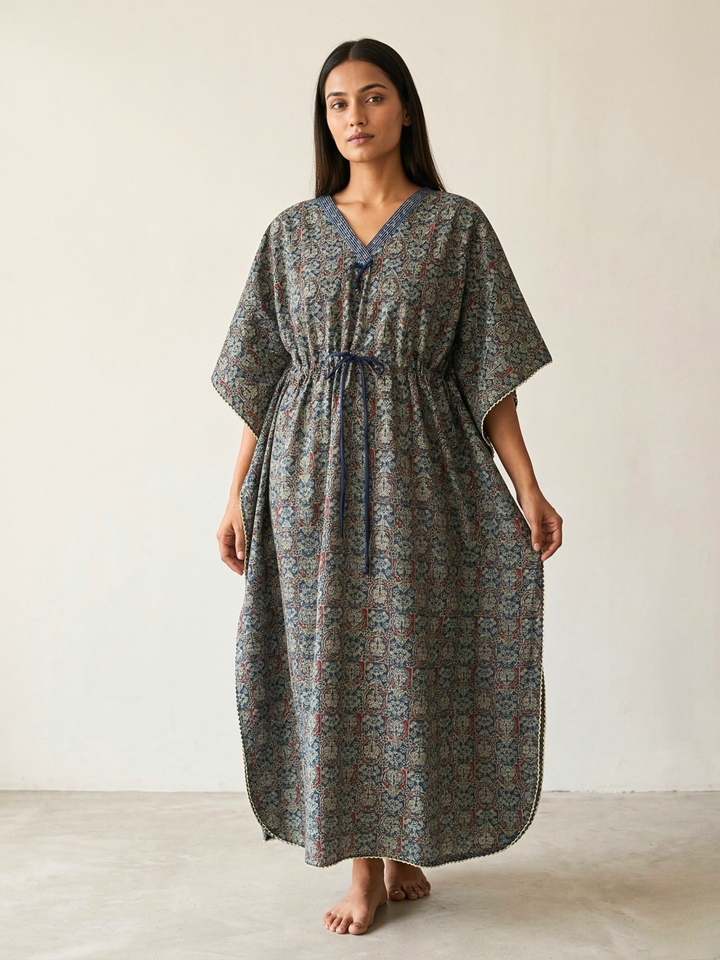 Ajrakh Indigo Pure Cotton Kaftan Dress for Women Comfortable Fit