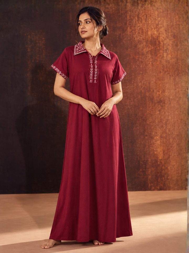 Collared Alpine Nighty with Embroidered Placket and Pocket in Dark Red