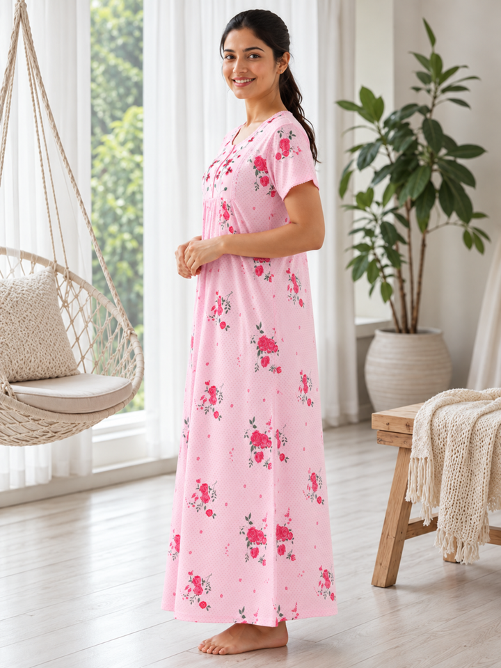 Rose Embroidered Cotton Blend Nightdress for Women