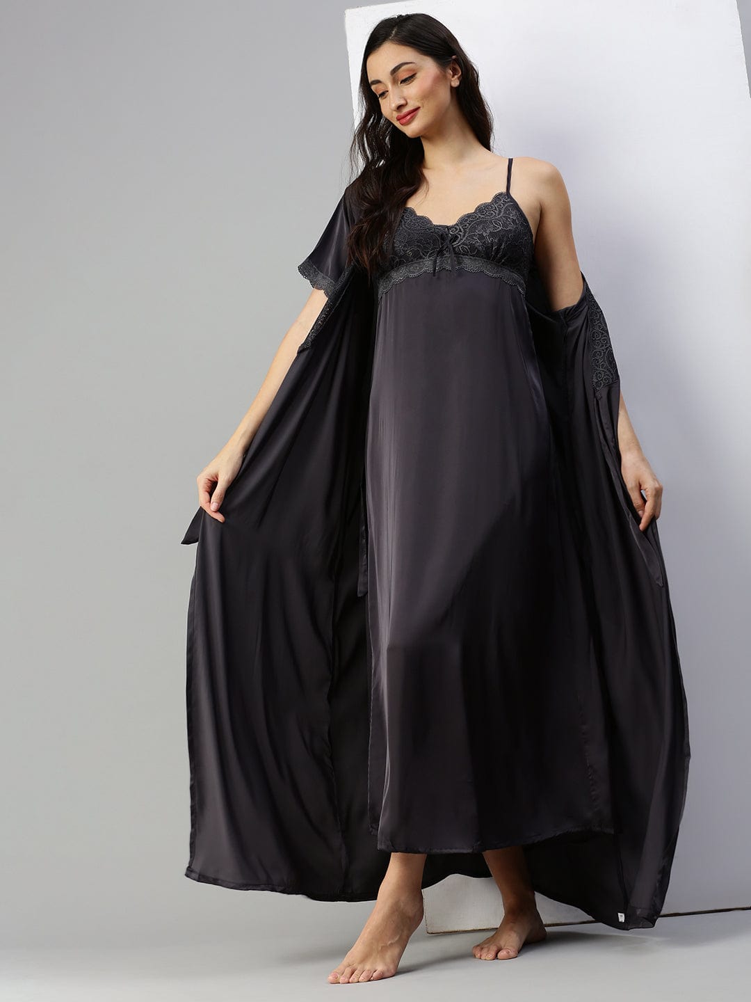  Long Robe Long Gown  Sexy Nighty Honeymoon - Buy Black Bridal Nightwear Honeymoon- 9shines label 