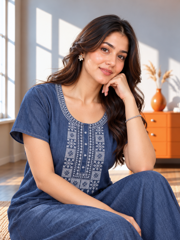 Heritage Embroidery Denim Blue Cotton Nighty | Soft &amp; Stylish Sleepwear
