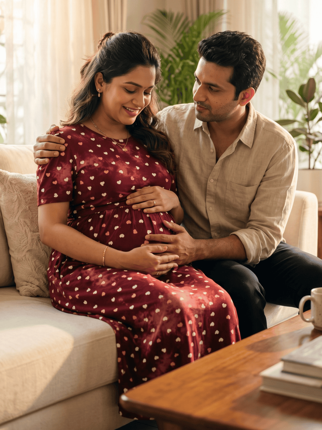 Red Heart Print Hosiery Cotton Maternity Nighty with Feeding Flap
