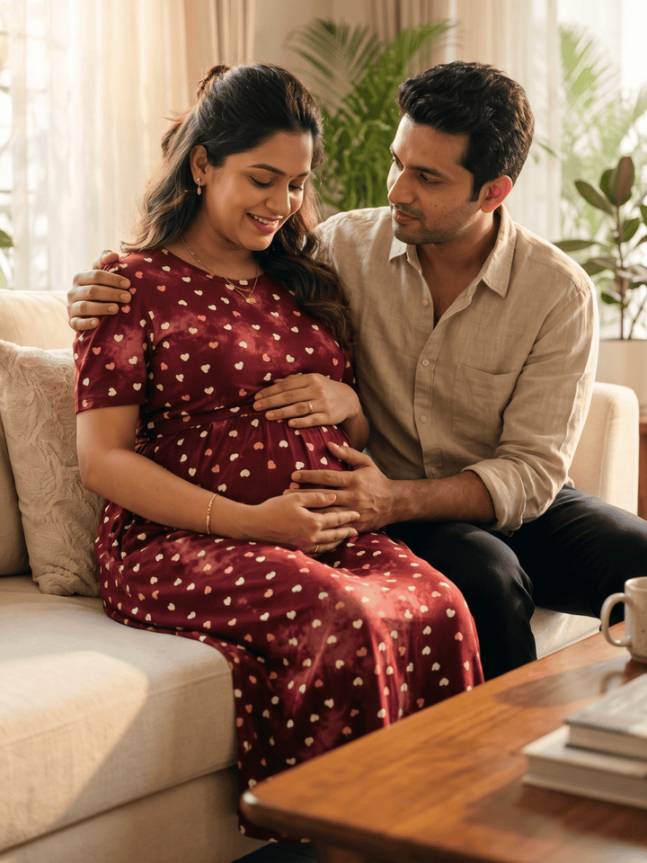 Red Heart Print Hosiery Cotton Maternity Nighty with Feeding Flap