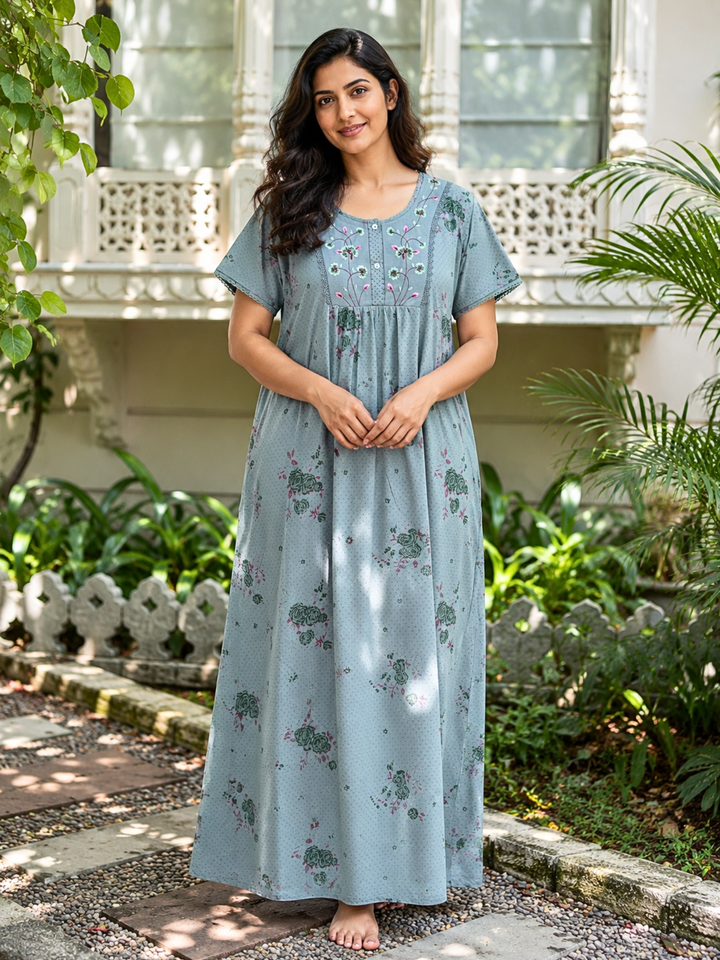 Mist Green Floral Print Cotton Blend Nighty for Women