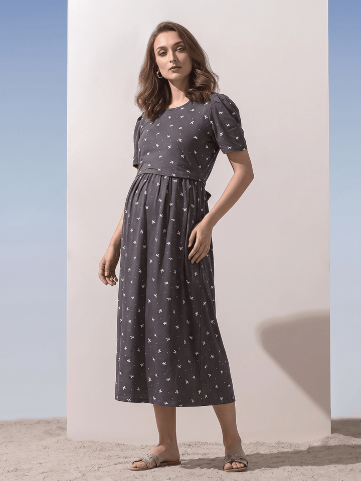 Curly Blue Swirl Print Cotton Maternity Nighty with Feeding Flap