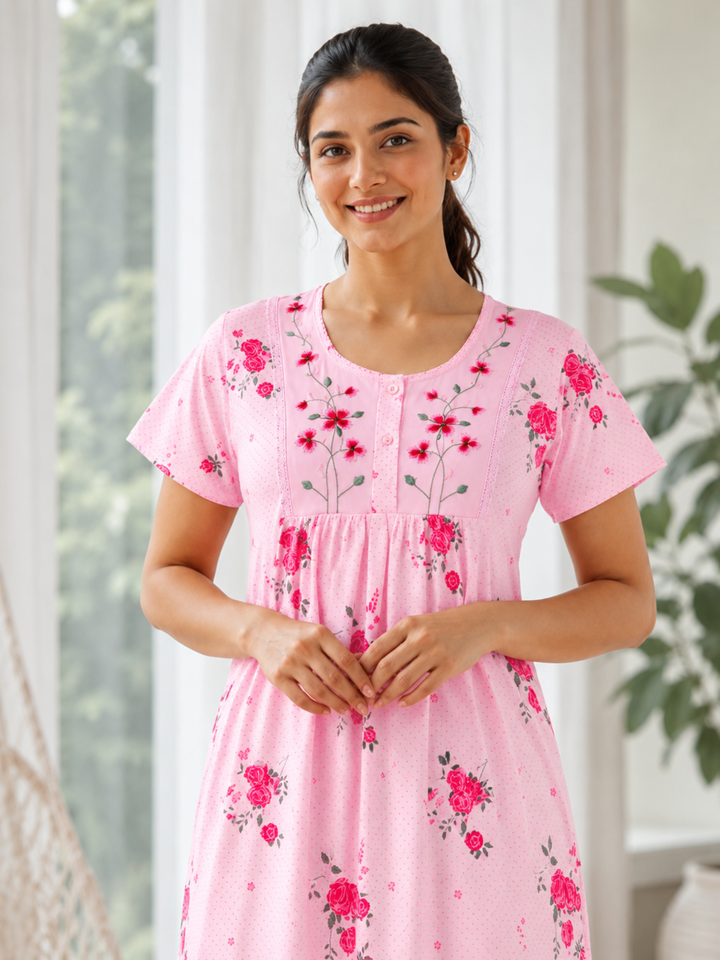 Rose Embroidered Cotton Blend Nightdress for Women