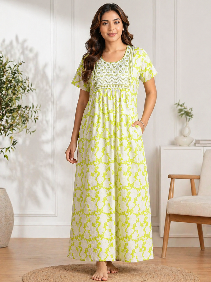 Fresh Meadow Pure Cotton Sleepwear Dress with Pocket