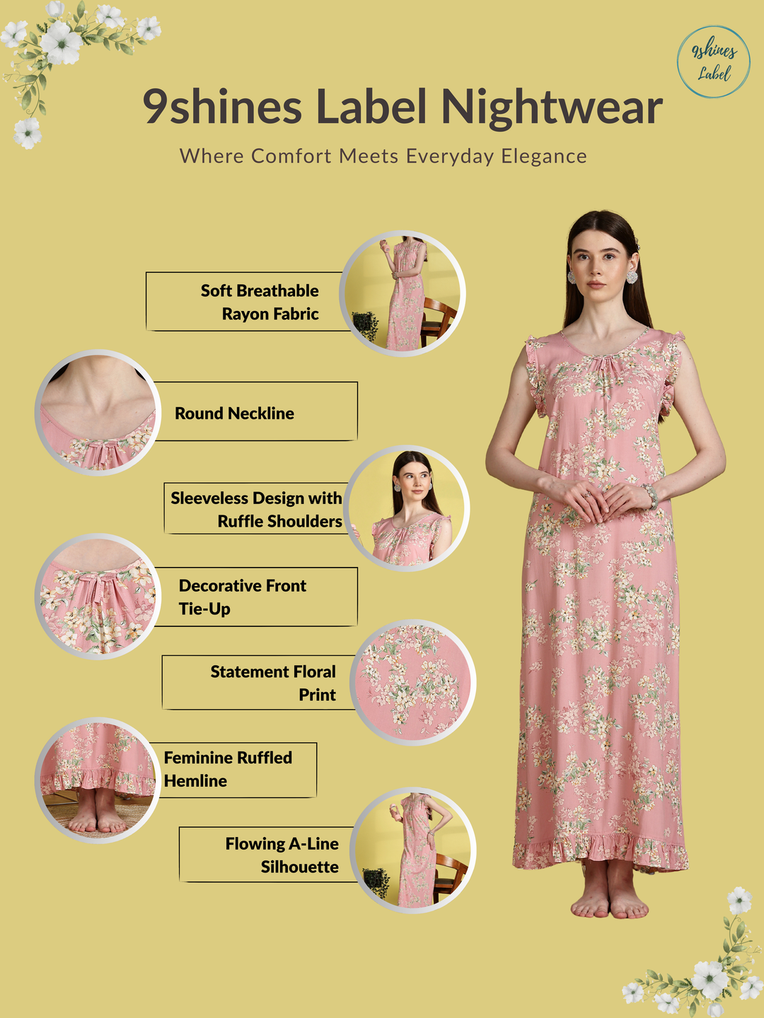 Sleeveless Nighty in Light Pink with Floral Print