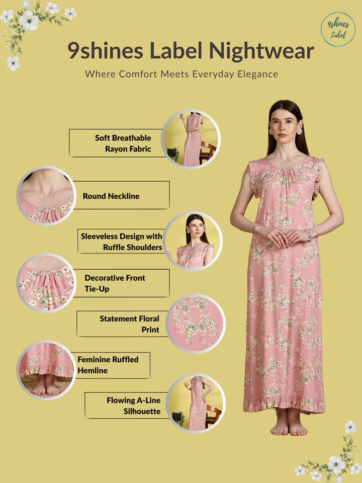 Sleeveless Nighty in Light Pink with Floral Print