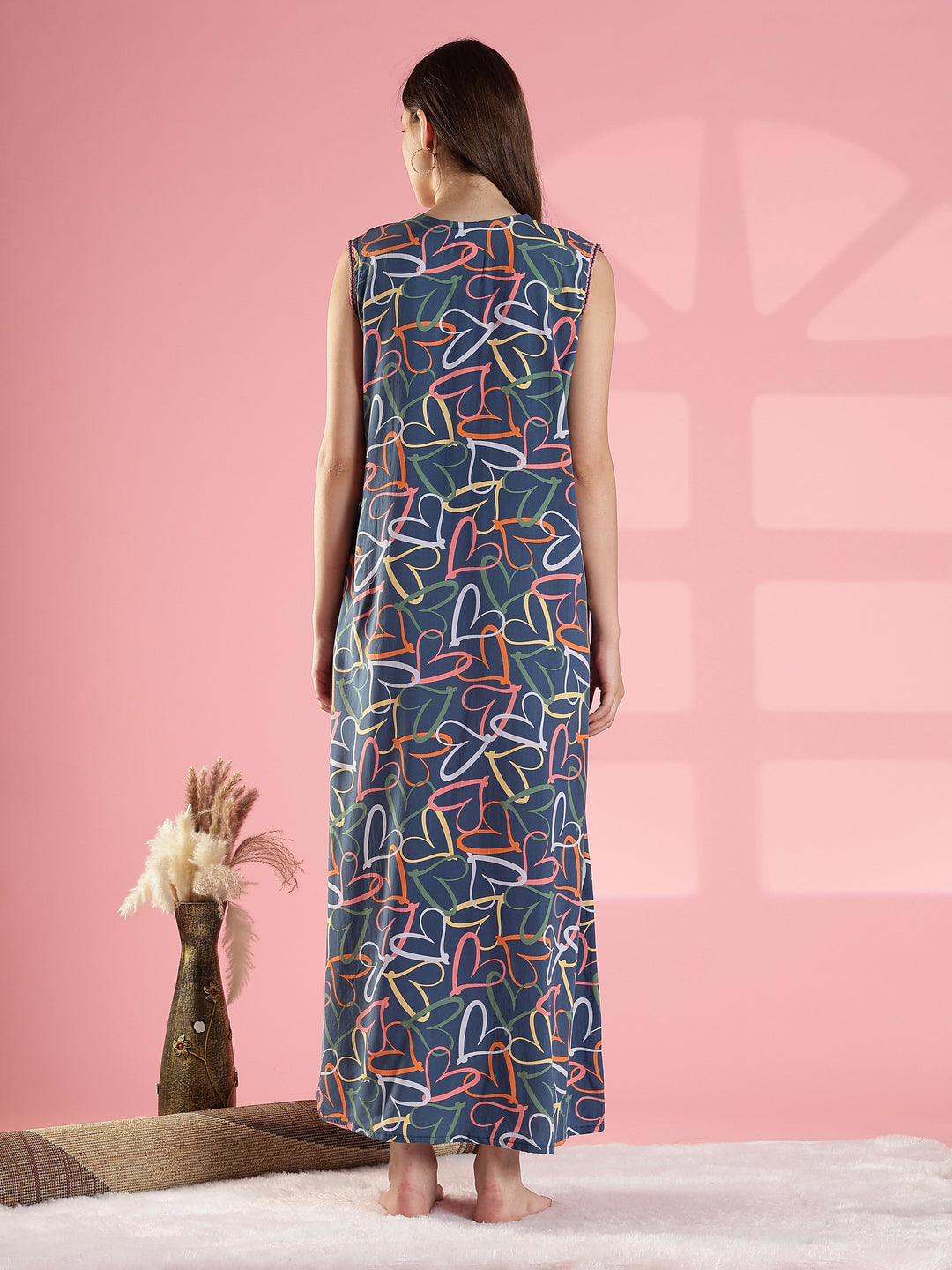 Denim Heart Print Rayon A Line Sleeveless Women's Nighty