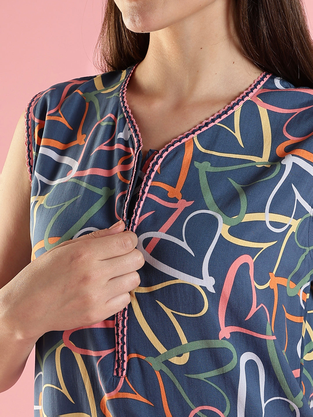 Denim Heart Print Rayon A Line Sleeveless Women's Nighty