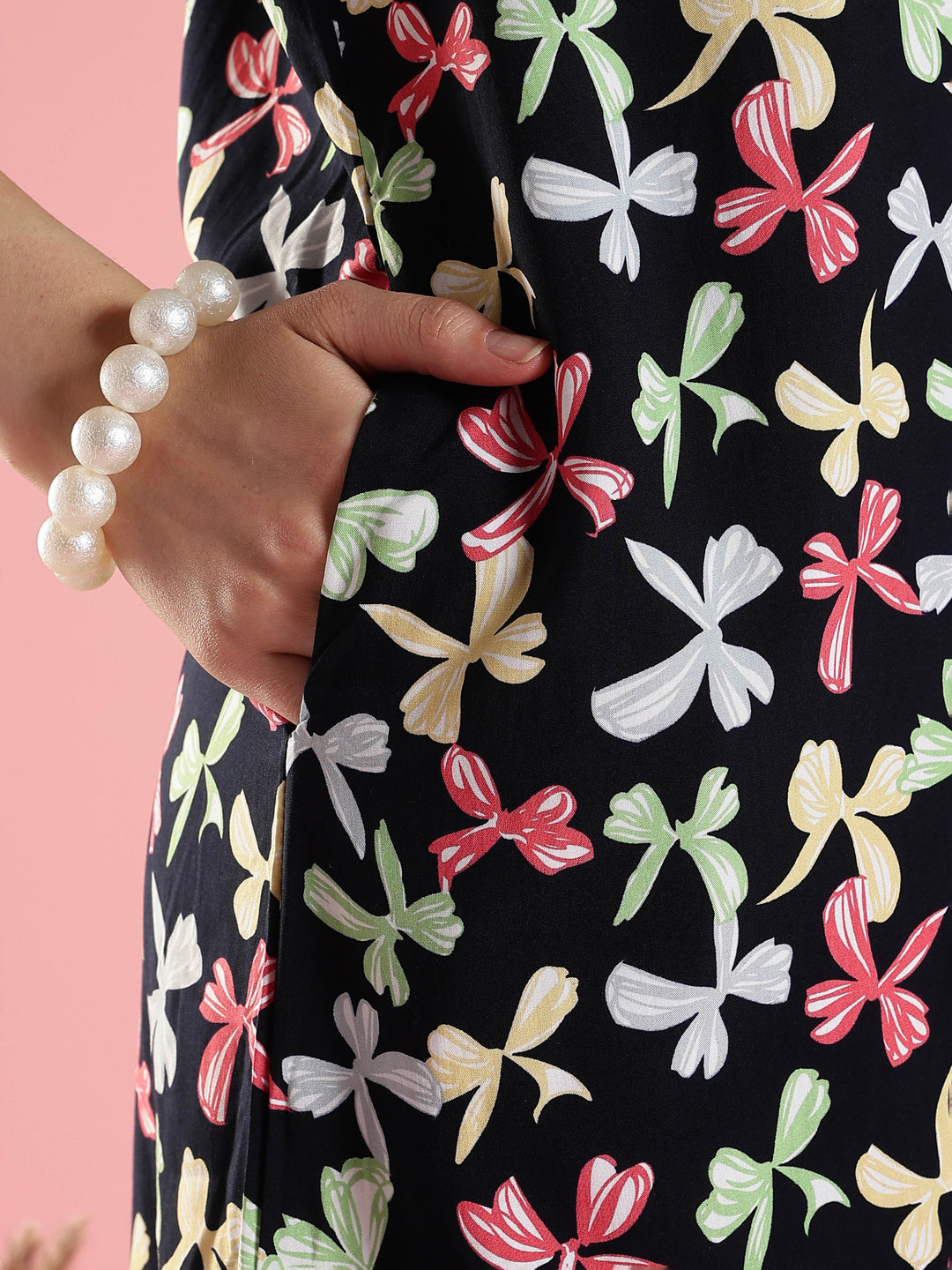 Black Bow Print Rayon Nighty Sleeveless A Line Fit