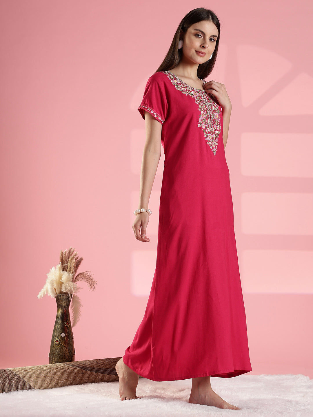 Raatrani Pink Alpine Designer Nighty - Stylish Comfort with Intricate Embroidery