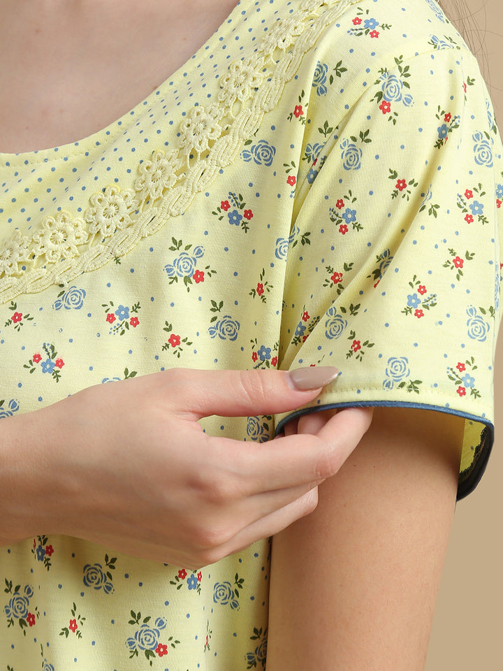 Yellow Floral Print Cotton Blend Designer Nighty for Women
