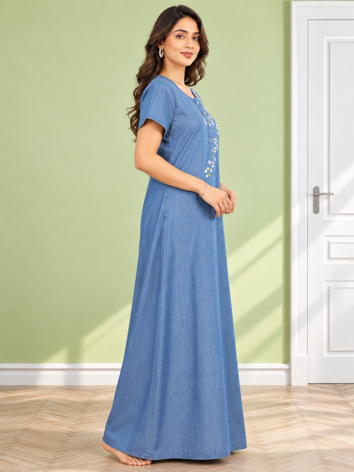 Sky Blue Cotton Nighty with Elegant Floral Embroidery | A-Line Design