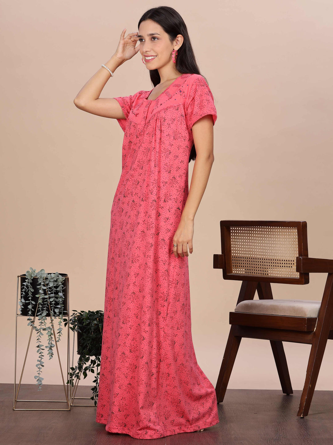 Coral Pink Printed Cotton Blend Nighty for Women