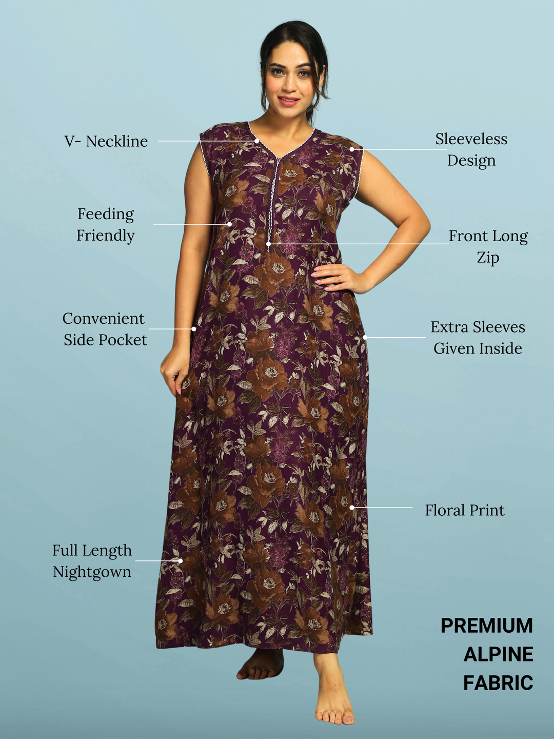 Purple Floral Sleeveless A Line Maxi Nighty for Women
