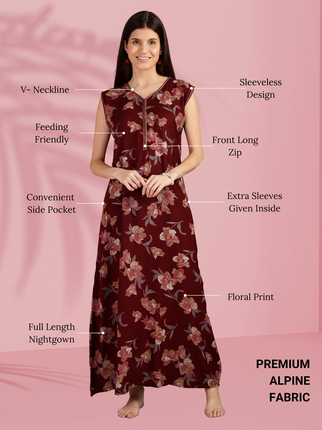 Red Floral Nighty for Women with Side Pocket and Zip