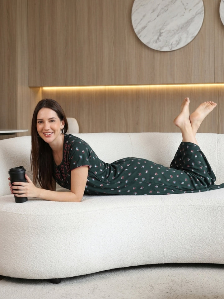 Bottle Green Floral Cotton Blend Designer Nighty for Women