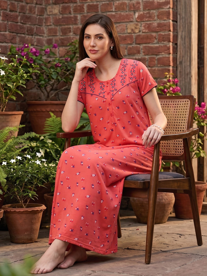 Dark Peach Floral Cotton Blend Designer Nighty for Women